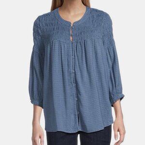 Intro Womens New Crinkle Gauze Crew Neck 3/4 Sleeve Smocked Button Blouse Large